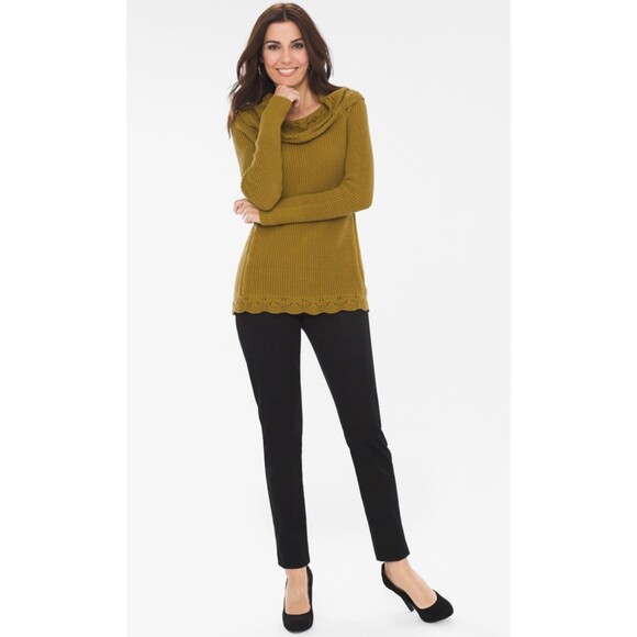 CHICO'S Cottage Boho Pointelle Waffle Knit Cowl Neck Sweater Golden Size 0 (S/4) - Picture 3 of 9